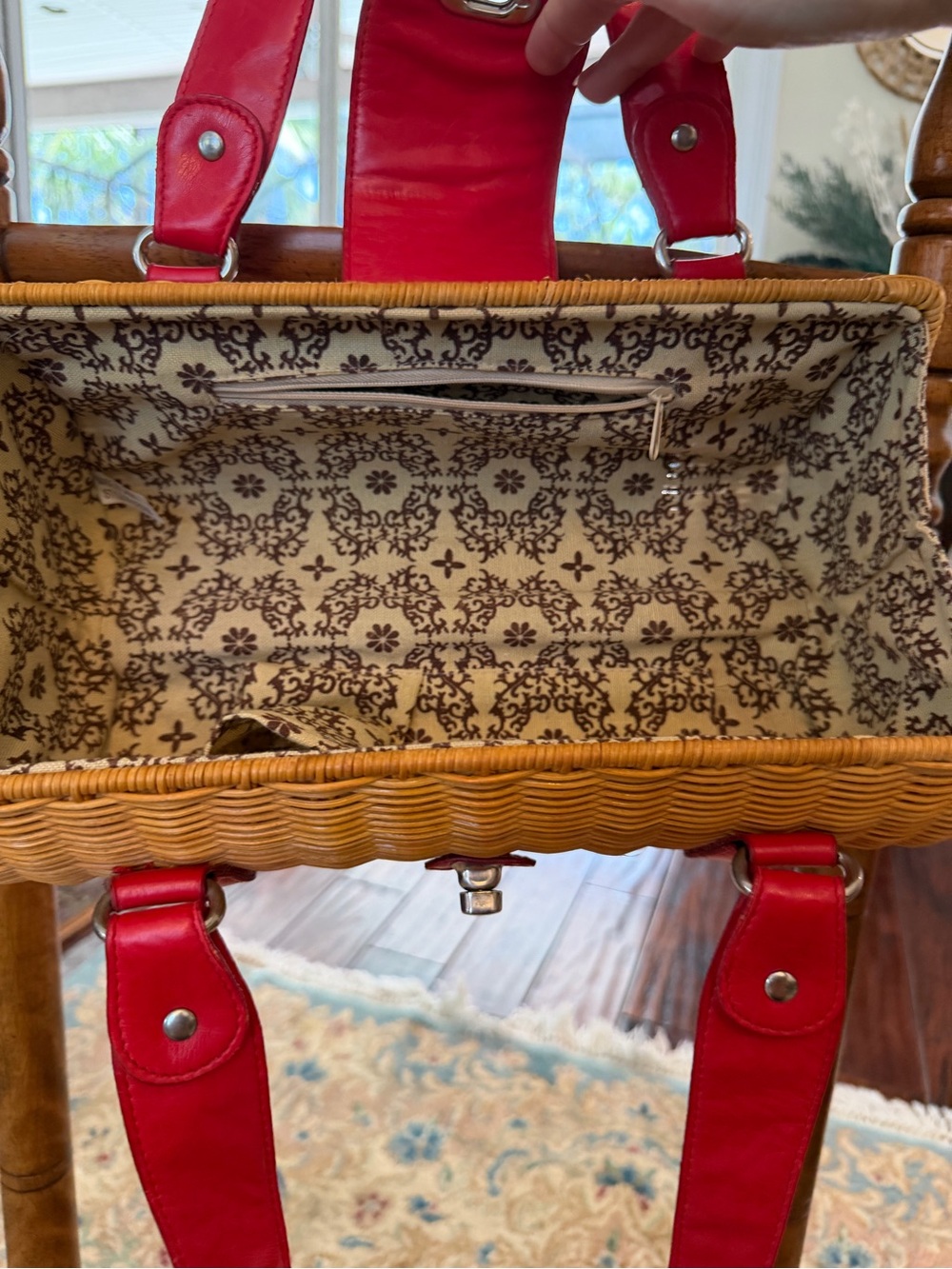 Vintage Wicker Handbag Red Leather Trim Basket Purse Summer Resort Bag - Picture 2 of 4